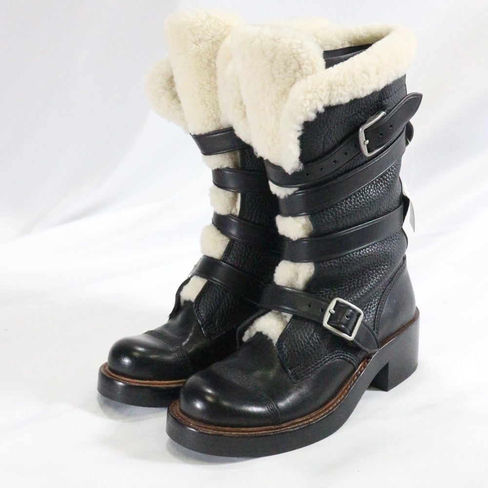 COACH Moto Shearling Pebbled Leather Buckle Boots NEW Sz 5 US Wmn